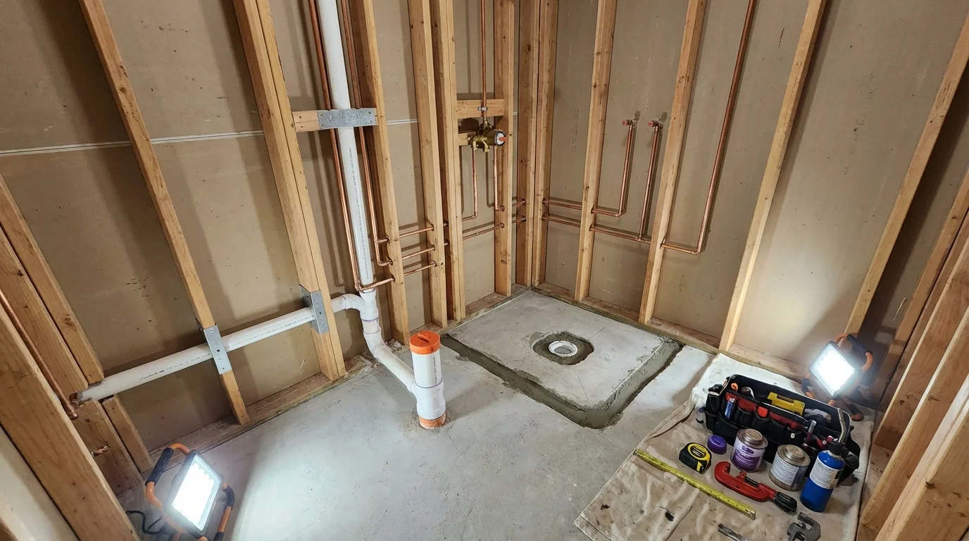 Bathroom rough-in plumbing during remodel by Johns Plumbing LLC in Lawtell