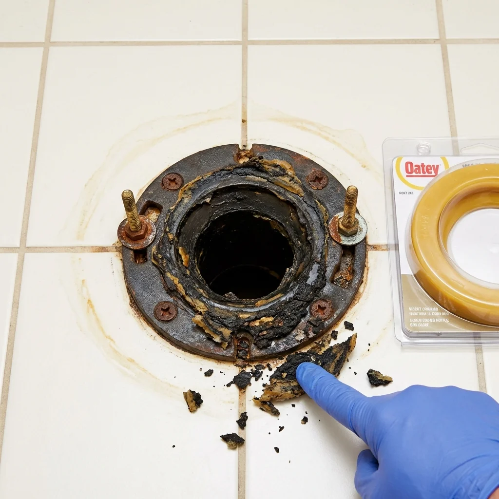 Failed wax ring showing water seepage at the base of a toilet in a Lawtell, LA home