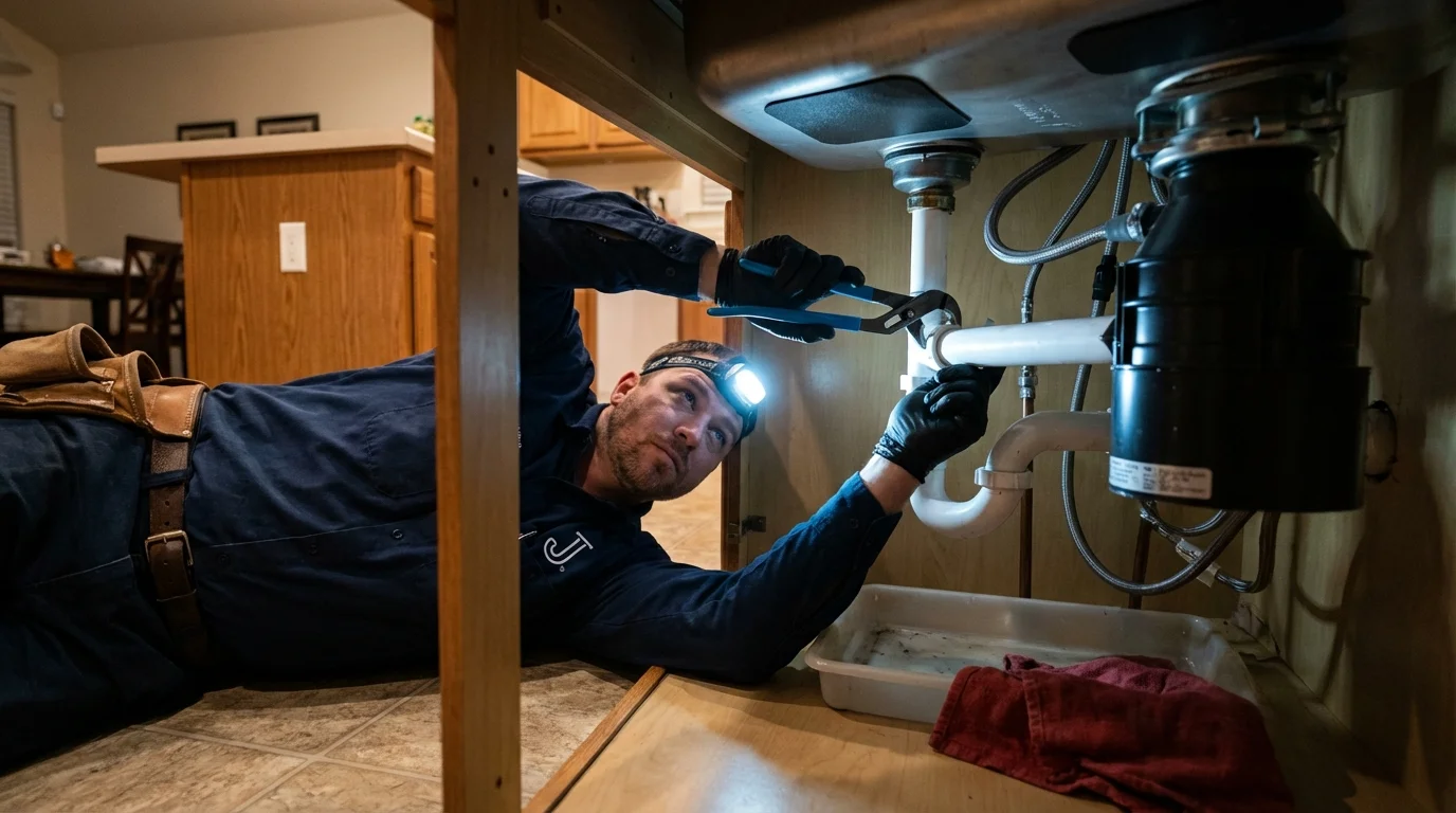P-trap and supply line connections under a kitchen sink showing a common leak point in Lawtell, LA